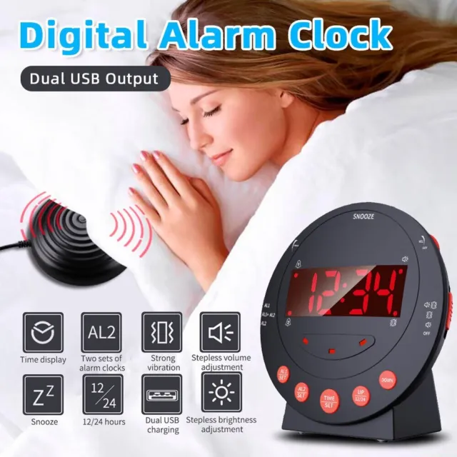 3 in1 Loud Alarm Clock Powerful Vibration Clocks  Heavy Sleepers Deaf