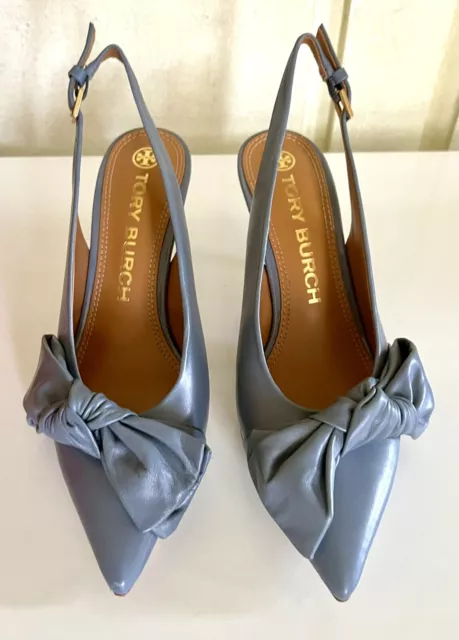 NIB Tory Burch sz 8 eclipse blue leather 70mm slingback heels bow slingback pump