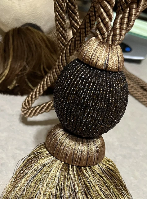 Set of 2 Large Curtain Tie Backs Elegant Gold & Bronze Tassel Purple Beaded Ball