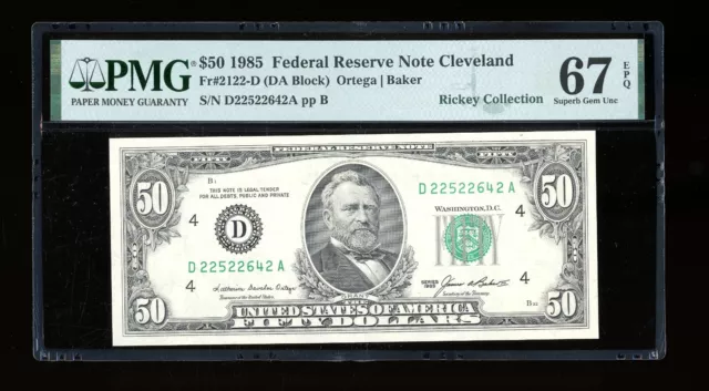 DBR 1985 $50 FRN Cleveland Fr. 2122-D Superb Gem PMG 67 EPQ Serial D22522642A