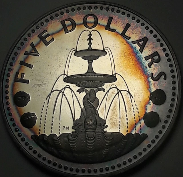 1973-Fm Barbados 5 Five Dollars Silver Proof Gem Unc Toned Color Wonderful (Dr)