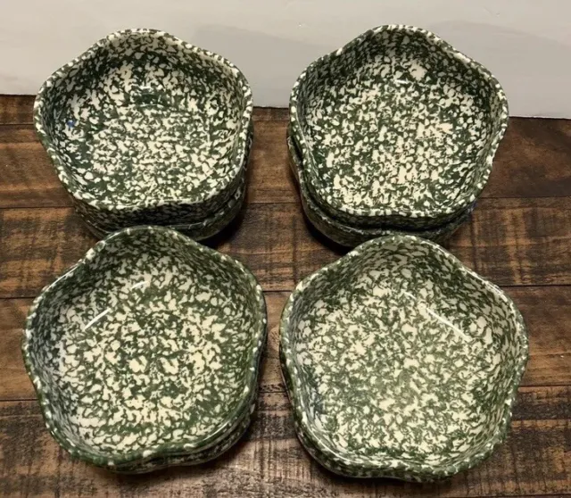 Roseville Spongeware Pottery Green Petal Scallop Set Of 4 Bowls Gerald Henn 8”