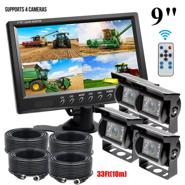 9" Quad Split Screen Monitor 4x Backup Rear View CCD Camera System For Truck RV