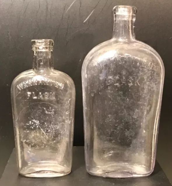 2 Antique Embossed Glass Warranted Flask Bottles - Clear - 2 Sizes!