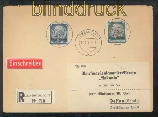 Luxemburg Mi #  2 + 13 MiF R-Brief 11.2.1941 nach Dessau (43034)