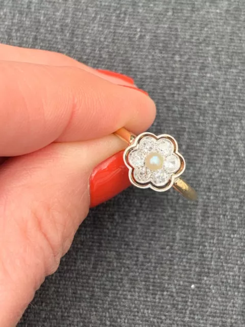 18ct gold platinum diamond natural pearl cluster ring art deco 1920s