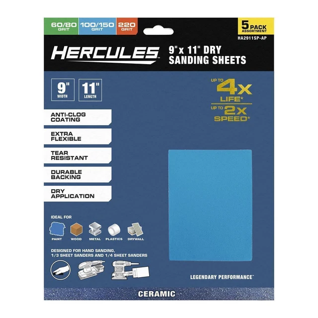 Hércules 9 in. x 11 in. Surtido de hojas de lijado en seco con alúmina de cerámica 58442