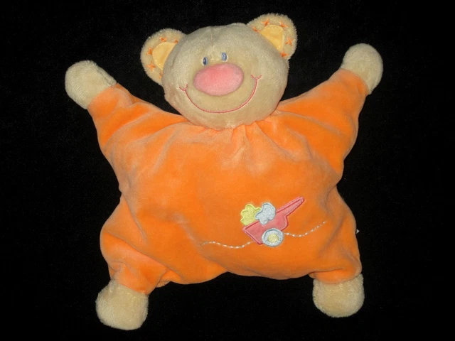 Doudou hochet grelot semi-plat Ours beige et orange nattou brouette rose