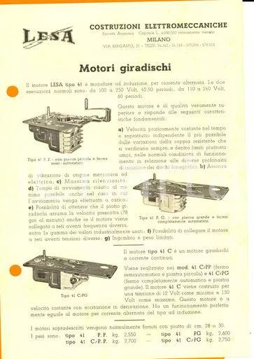 1950 ca MILANO Ditta LESA - Motori giradischi *Opuscolo ILLUSTRATO