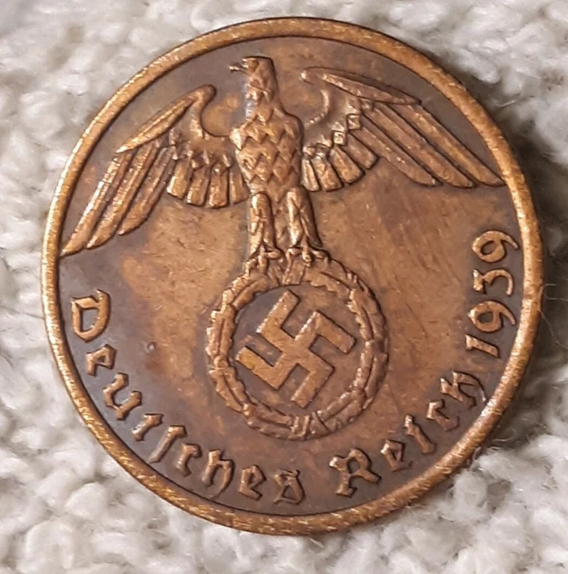 1939 A,  1 Reichspfennig Penny ~ Germany ~ Heavily Circulated Bronze Coin