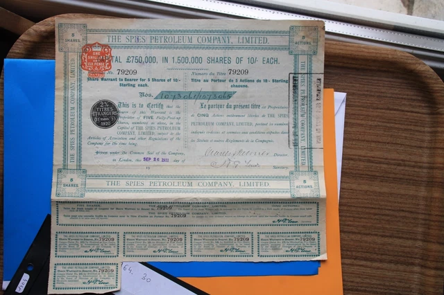 Titre d'Action  au porteur 5 actions "SPIE PETROLEUM COMPAGNY LIMITED" 1909
