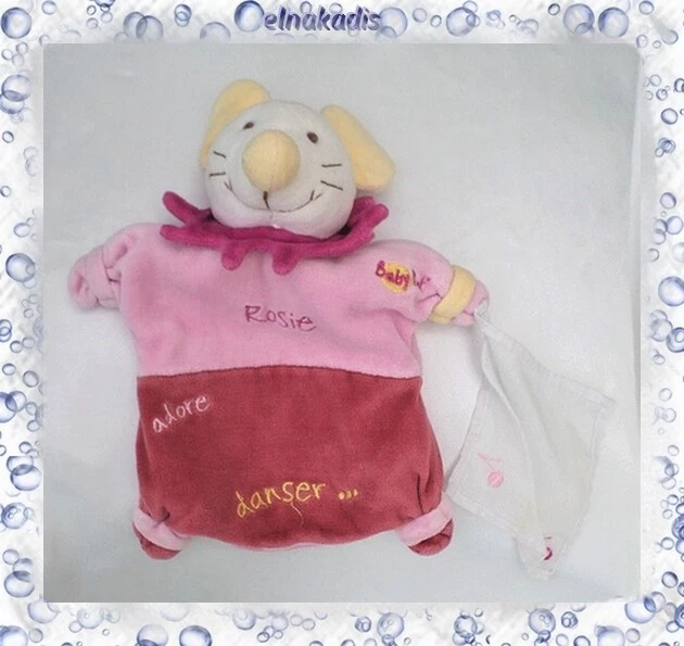 Doudou Peluche Marionnette Souris Rosie Rose Mouchoir Blanc Babynat