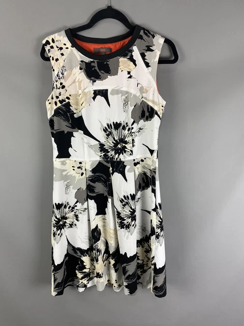 Next Size UK 12 Fit Flare A Line Dress Black Grey Floral Work Career