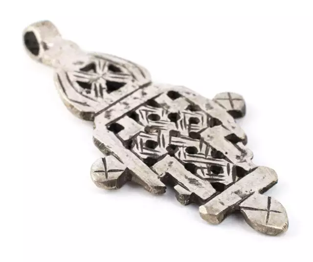 Silver Ethiopian Coptic Cross 66x37mm African White Metal Large Hole Handmade