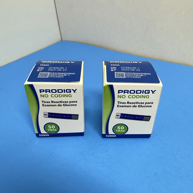 2 CAJAS tiras reactivas para diabéticos Prodigy sin codificación 50 quilates cada una caduca 08-23-2023.