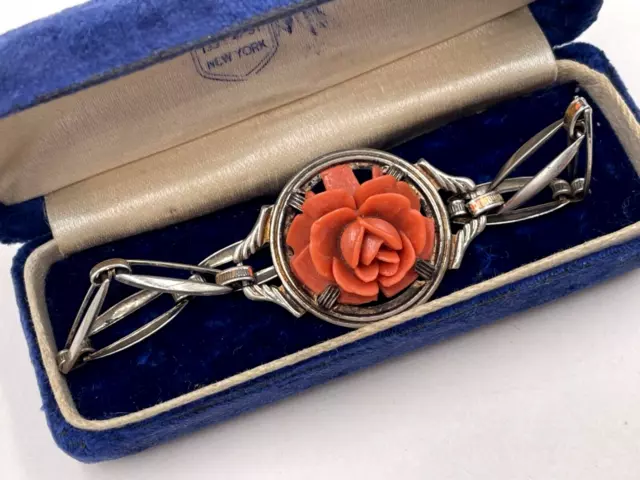 Antique Edwardian Art Deco Bracelet Sterling Silver Fx Coral Carved Lrg Rose Wow 3