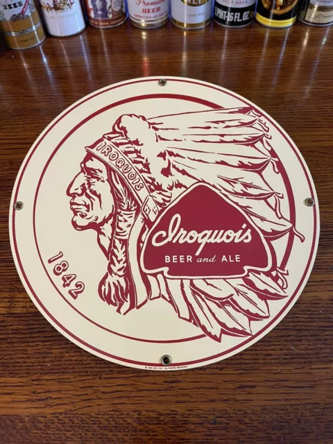 Iroquois Beer & Ale Porcelain Enamel Steel Sign by Ande Rooney Circa 1994