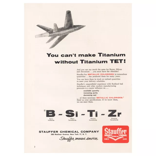 1956 Stauffer Chemicals: You Cant Make Titanium Without TET Vintage Print Ad