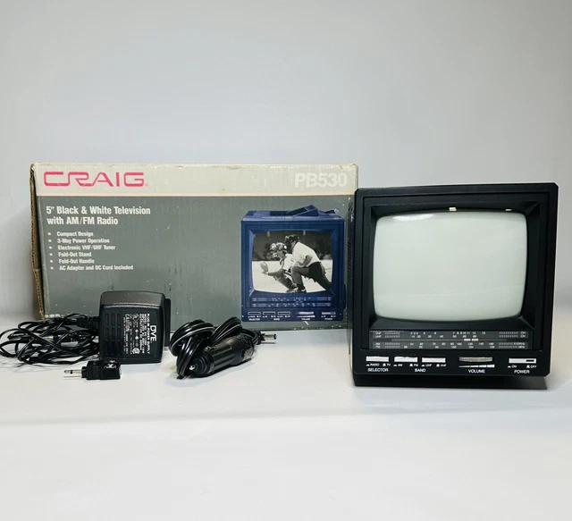 Vintage 1987 Craig 5” Black & White TV With AM/FM Radio PB530 WORKS Very Nice