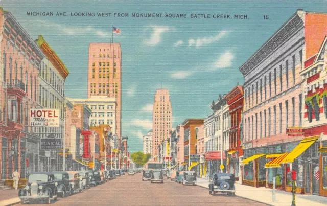 Michigan Ave. Looking West Vtg Cars Street Scene Battle Creek,MI 1940's Postcard