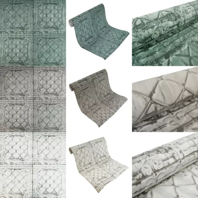 Ornamental Tin Tile Wallpaper Grey Green Off-white Paste The Wall Textured Vinyl
