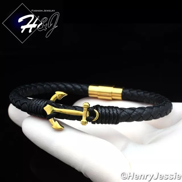 8.25"Stainless Steel 6mm Gold/Black Plated Anchor Braided Leather Bracelet*GB107