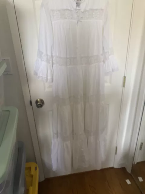 Vtg 70s PRAIRIE BOHO COTTAGECORE DRESS Maxi Lace SZ M Beach Hippy