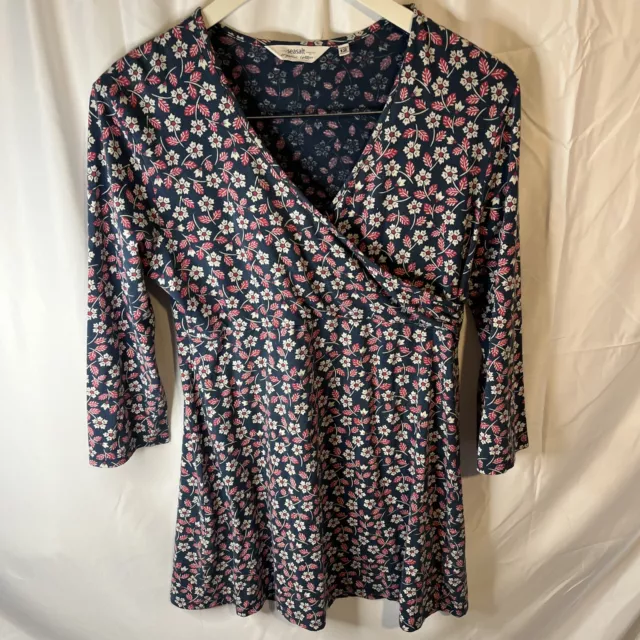 Seasalt Organic Cotton Jersey Tunic Dress 3/4 Sleeve Navy Floral Size 12