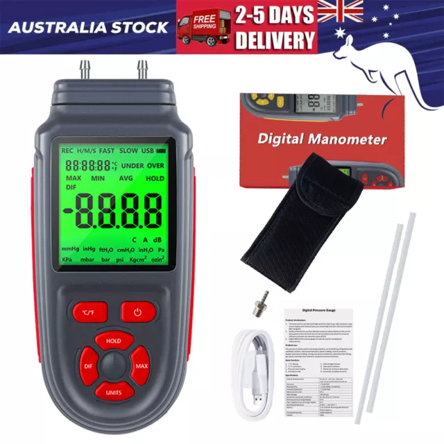 Digital Manometer Dual Port Differential Tester Air Gas Pressure Gauge ±689.4KPa