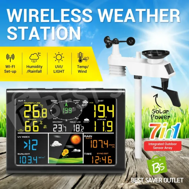 Solar Powered Weather Forecast Station WIFI Wireless Rain Gauge Temperature UV