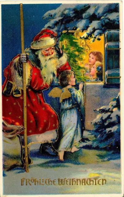C1915 Chromolithograph Christmas Postcard "Santa Claus & Child Angel" Vg