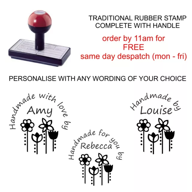 Personalised Handmade By Rubber Stamp With Your Own Name Company & Flower Image