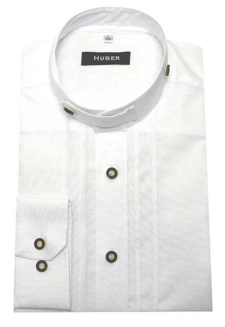 HUBER Mens Pleated Costume Shirt Standing Collar White Oxford Regular HU-0705 Made EU