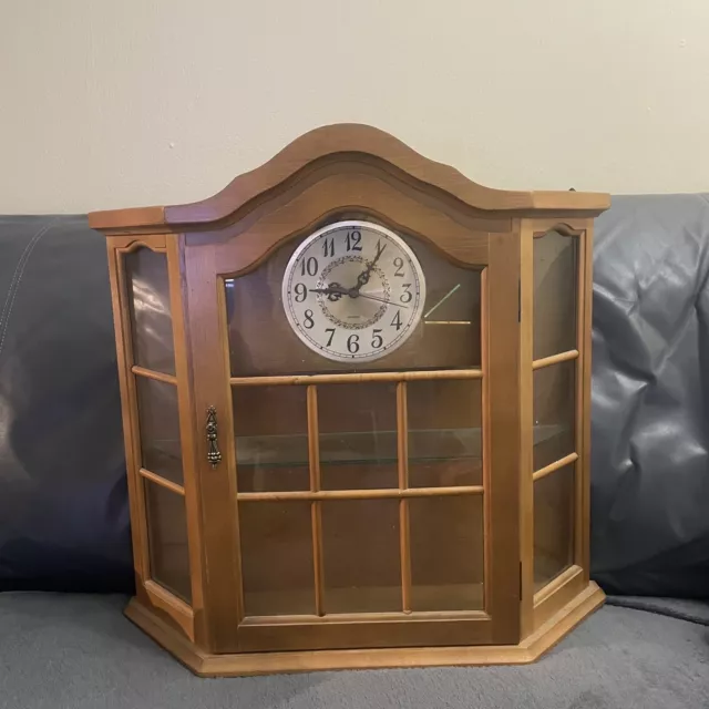 Wood Curio Cabinet with Glass Door and Working Clock Wall Mount or Table Top