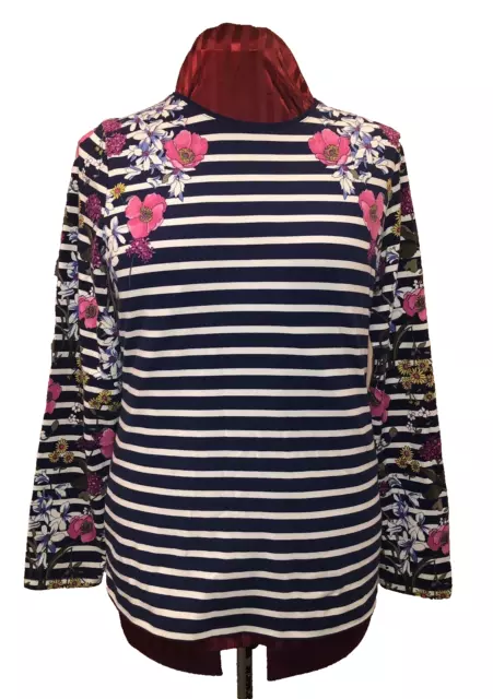 Talbots Tee Pullover Top Women's Medium Navy White Stripes/Floral Long Sleeve