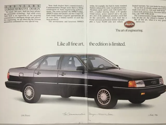 1986 Audi Commemorative 5000CS Sedan Vintage Print Advertisement 2 page