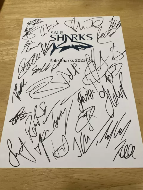 Sale Sharks Rugby Union Team 2023/24 Hand Signed A4 Card Tuilagi Ford Curry