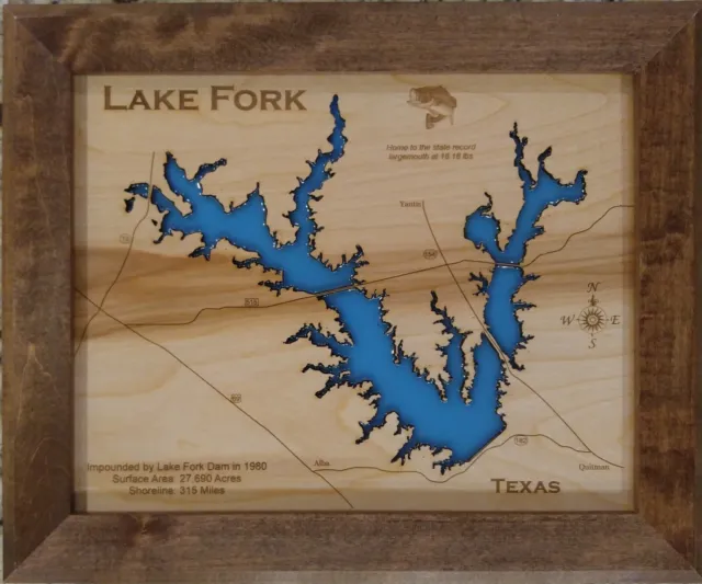 Lake Fork, Texas - Laser Cut Wood Map | Wall Art | Made to Order