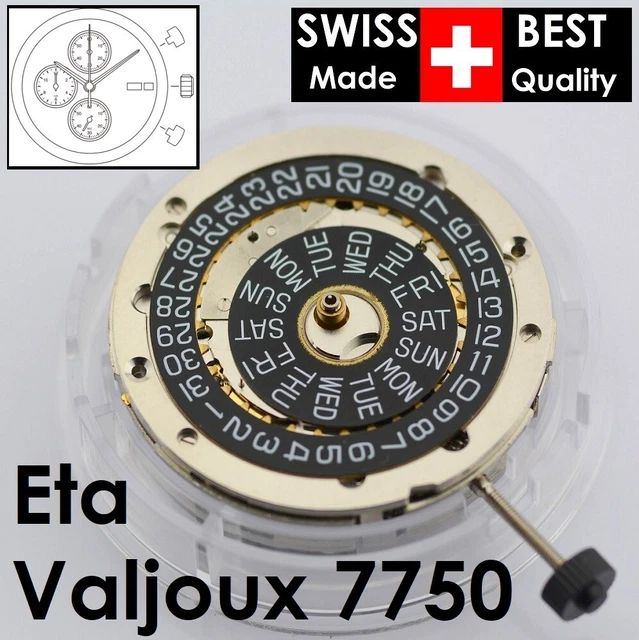 Swiss ETA VALJOUX 7750 25 Jewels Automatic Movement. Black, English Day Date Swiss ETA VALJOUX 7750 25 Jewels Automatic Movement. Black, English Day Date