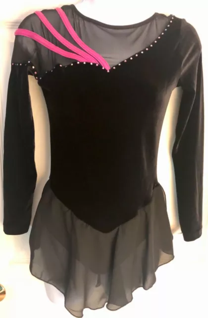 GK BLACK VELVET ICE FIGURE SKATE ADULT SMALL LgSLV MESH YOKE PINK JA DRESS Sz AS