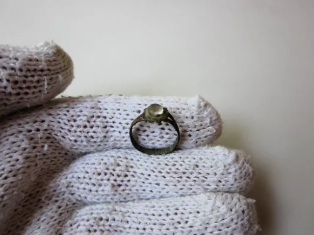 ancient Byzantine or Medieval bronze ring with transparent white stone / glass.