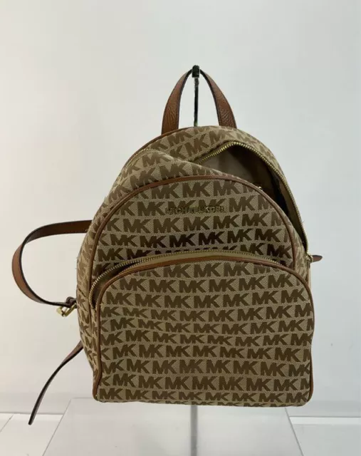 Michael Kors Brown Logo Jacquard & Leather Trim Zip 2-Compartment Backpack