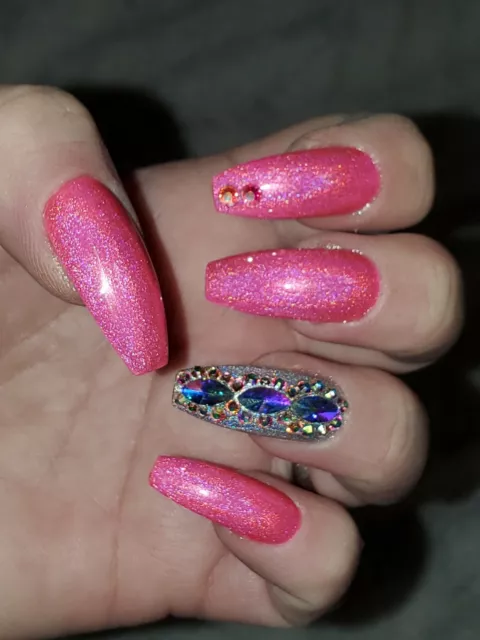 bling pink holographic press on nails crystal diamond Swarovski set coffin holo