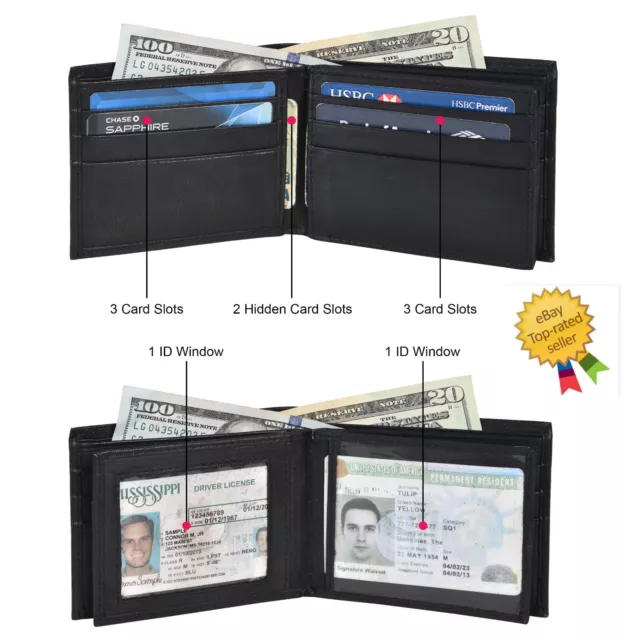 RFID Blocking Black Genuine Leather Men's Bifold Wallet 2 Center Flap New