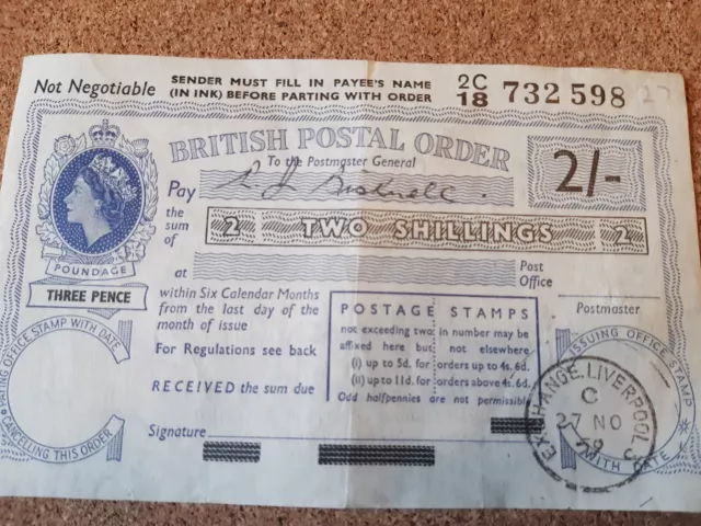 British postal order - Elizabeth II, 2/-   1959      Good condition