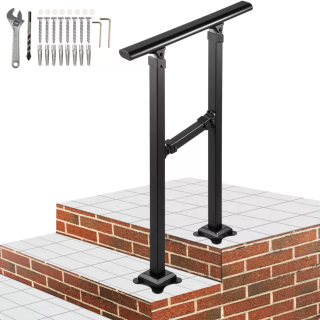 VEVOR Iron Handrail Stair Railing Hand Rail Kit Fit for 0-2 Step Outdoor Black