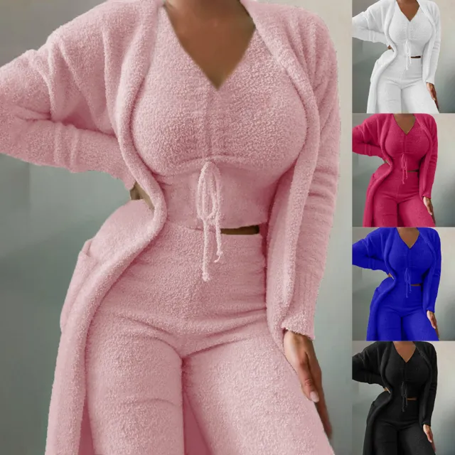 3PCS Women Fleece Tracksuit Lounge Wear Crop Tops Vest Pants Cardigan Outfit Set