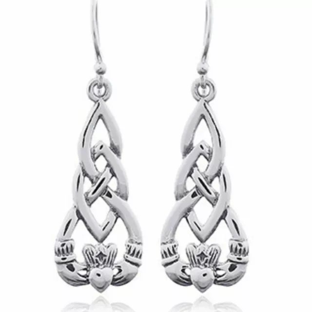 925 Sterling Silver Celtic Claddagh Hand Heart Crown Drop Dangle Earrings