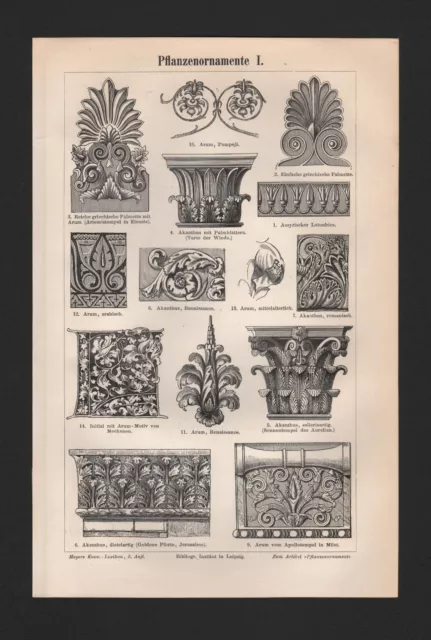 Lithografie 1897: Pflanzenornamente I/II. Ornamente Architektur