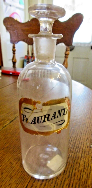Early Antique Apothecary Glass Drug Store Jar 7" Tall Labeled "Tr. Aurant .c"